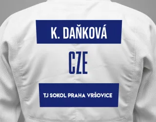 Judo GI with a backnumber showing the name Karolína Daňková from TJ Sokol Praha Vršovice