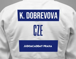 Judo GI with a backnumber showing the name Katerina DOBREVOVA from JUDOACADEMY PRAHA