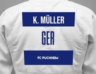 Judo GI with a backnumber showing the name Katharina Müller from FC Puchheim