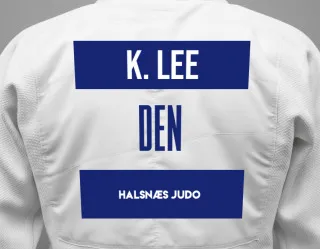 Judo GI with a backnumber showing the name Katherine Gabriela Lee from Halsnæs Judo