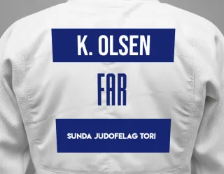 Judo GI with a backnumber showing the name Katrin Daniella S. Olsen from Sunda Judofelag Tori