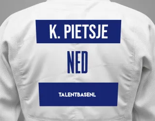 Judo GI with a backnumber showing the name Kats Pietsje from TalentBaseNL