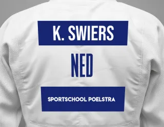 Judo GI with a backnumber showing the name Kevin Swiers from Sportschool Poelstra