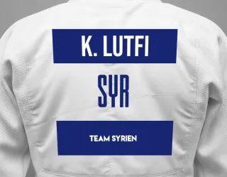 Judo GI with a backnumber showing the name Kheder Lutfi from Team Syrien