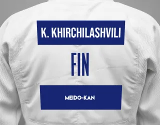 Judo GI with a backnumber showing the name Khirchla Khirchilashvili from Meido-Kan