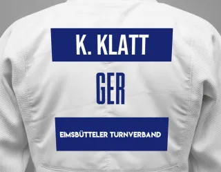 Judo GI with a backnumber showing the name Kian Klatt from Eimsbütteler Turnverband
