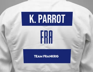 Judo GI with a backnumber showing the name Kimi Parrot from Team Frankrig
