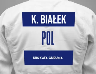 Judo GI with a backnumber showing the name Kinga Białek from UKS KATA GURUMA
