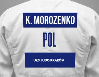 Judo GI with a backnumber showing the name Kira Morozenko from UKS Judo Kraków 