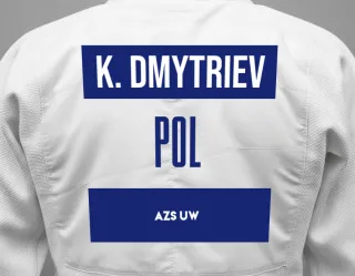 Judo GI with a backnumber showing the name Kirill Dmytriev from AZS UW