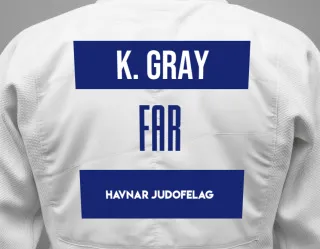 Judo GI with a backnumber showing the name Kjartan Gray from Havnar Judofelag