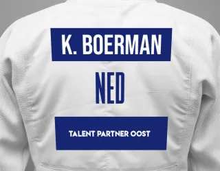 Judo GI with a backnumber showing the name Koen Boerman from Talent Partner Oost