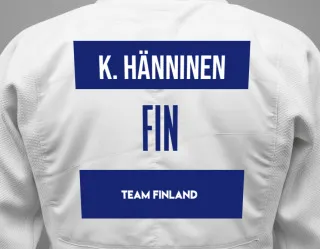 Judo GI with a backnumber showing the name Konsta Hänninen from Team Finland