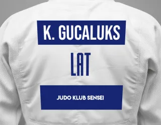 Judo GI with a backnumber showing the name Kristaps Gucaluks from Judo Klub Sensei