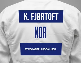 Judo GI with a backnumber showing the name Kristoffer Langhelle Fjørtoft from Stavanger Judoklubb