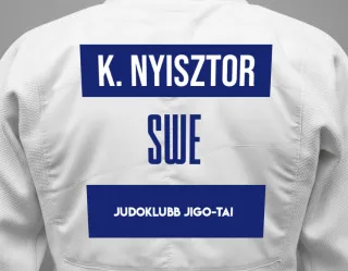 Judo GI with a backnumber showing the name Kristoffer Nyisztor from Judoklubb Jigo-Tai