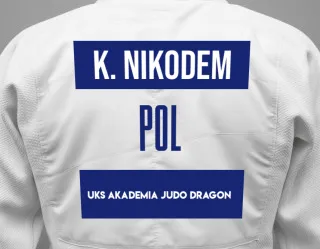 Judo GI with a backnumber showing the name Królik Nikodem from UKS Akademia Judo Dragon