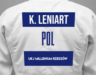 Judo GI with a backnumber showing the name Ksawery Leniart from UKJ Millenium Rzeszów