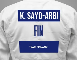 Judo GI with a backnumber showing the name Kubaev Sayd-Arbi from Team Finland