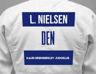 Judo GI with a backnumber showing the name Lærke Bregnhøj Nielsen from Kauri Brønderslev Judoklub