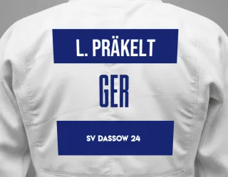 Judo GI with a backnumber showing the name Lara Sophie Präkelt from SV Dassow 24