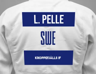 Judo GI with a backnumber showing the name Larsson Pelle from Kroppefjälls IF