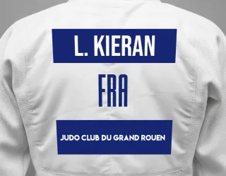 Judo GI with a backnumber showing the name Launay Kieran from Judo Club du Grand Rouen