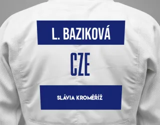 Judo GI with a backnumber showing the name Laura Baziková from Slávia Kroměříž