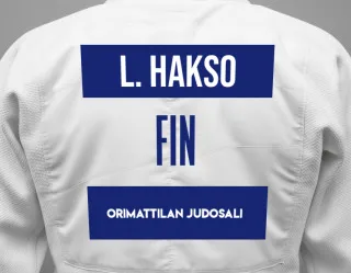 Judo GI with a backnumber showing the name Laura Hakso from Orimattilan Judosali