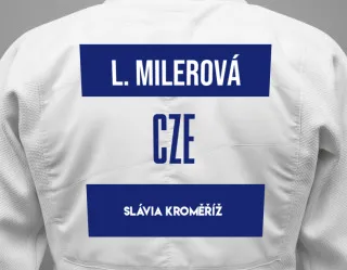Judo GI with a backnumber showing the name Laura Milerová from Slávia Kroměříž
