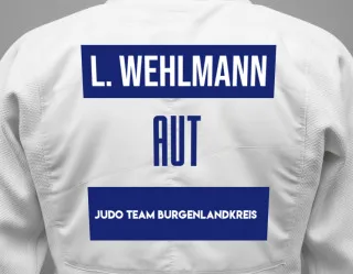Judo GI with a backnumber showing the name Laura Wehlmann from Judo Team Burgenlandkreis