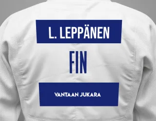 Judo GI with a backnumber showing the name Lauri Leppänen from Vantaan Jukara
