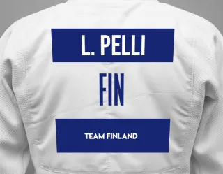 Judo GI with a backnumber showing the name Lauri Pelli from Team Finland