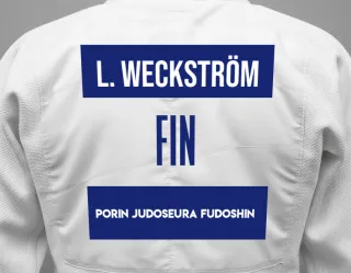 Judo GI with a backnumber showing the name Lauri Weckström from Porin Judoseura Fudoshin