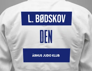 Judo GI with a backnumber showing the name Laurits Bødskov from Århus Judo Klub