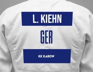 Judo GI with a backnumber showing the name Leander Kiehn from KK Karow