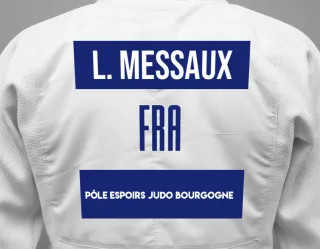 Judo GI with a backnumber showing the name Leane Messaux from Pôle Espoirs Judo Bourgogne