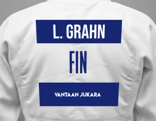 Judo GI with a backnumber showing the name Leevi Grahn from Vantaan Jukara