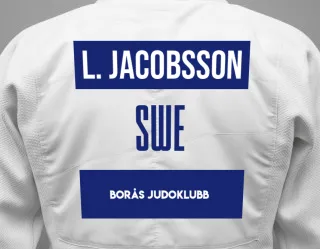 Judo GI with a backnumber showing the name Leia Jacobsson from Borås Judoklubb