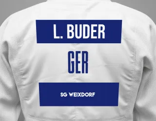 Judo GI with a backnumber showing the name Leif Buder from SG Weixdorf