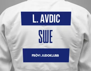 Judo GI with a backnumber showing the name Leila Avdic from Frövi Judoklubb