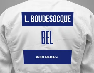 Judo GI with a backnumber showing the name Lelio Boudesocque from Judo Belgium