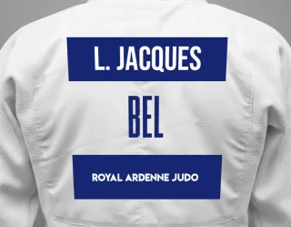 Judo GI with a backnumber showing the name Lenaïck Jacques from Royal Ardenne Judo