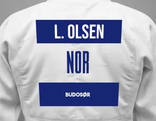 Judo GI with a backnumber showing the name Lene Nomedal N. Olsen from Budosør