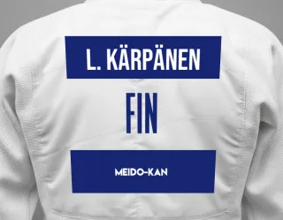 Judo GI with a backnumber showing the name Lenni Kärpänen from Meido-Kan