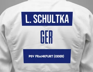 Judo GI with a backnumber showing the name Lenny Schultka from PSV Frankfurt (Oder)