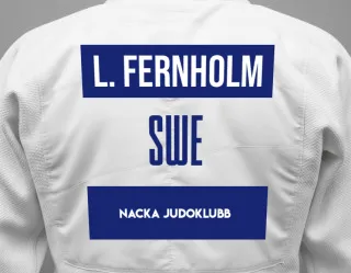 Judo GI with a backnumber showing the name Leo Fernholm from Nacka Judoklubb