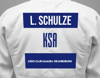 Judo GI with a backnumber showing the name Leo Schulze from Judo-Club Samura Oranienburg