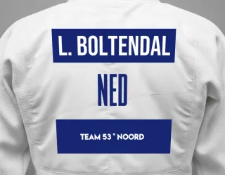 Judo GI with a backnumber showing the name Leon Boltendal from Team 53 ° Noord