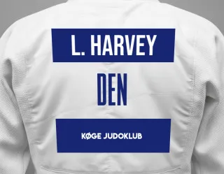 Judo GI with a backnumber showing the name Leon Harvey from Køge Judoklub